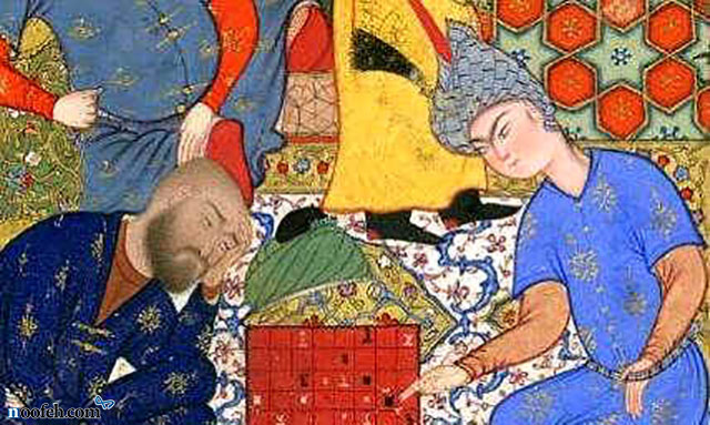 نسخه خطی حماسی از هفت اورنگ جامی سده 9 قمری، نشان دهنده دو بازیکن ایرانی شطرنج است.